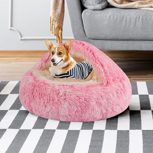 Round Hooded Cat & Dog Bed with Cover Cave, Faux Fur Cuddler - Self Warming Donut Bed Fits up to 12 lbs Pets (Pink, 20" x 20")