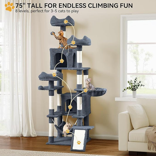 YITAHOME 75-Inch Tall Cat Tree Indoor: Multi-Level Kitten Tower with Kitty Condos, Top Perches, Sisal Ramp, Scratching Posts & Cozy Basket Hammocks Pet Play House Dark Gray