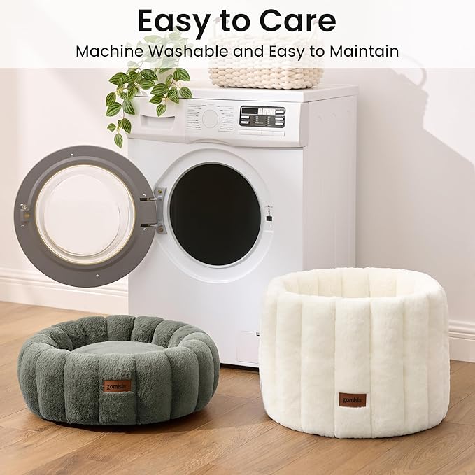 Cute Cat Beds for Indoor Cats, Striped Small Donut Dog Bed for Puppy and Kitten, Anti-Slip Bottom, Grey