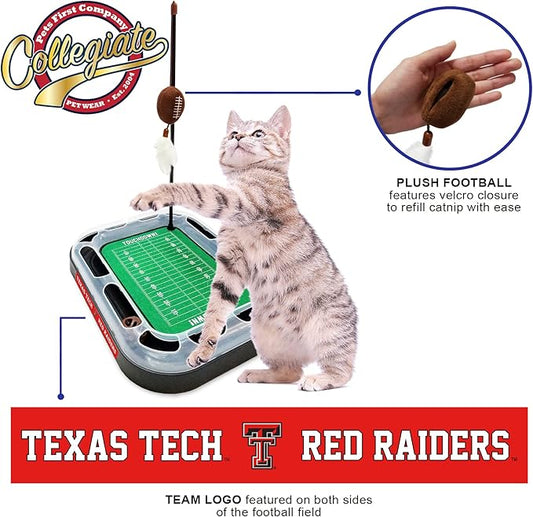 Pets First Cat Scratcher Toy + Interactive Ball Bell in Tracks - 5-in-1 Toy: Wand Poll + Catnip Filled Plush Football & Feathers