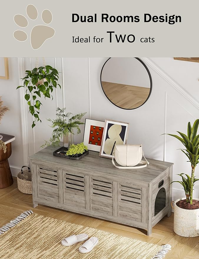DINZI LVJ Litter Box Enclosure Furniture for 2 Cats, Top Opening Hidden Litter Box with Double Rooms, Dual Cat House with Good Ventilation, 47.2" Wooden Washroom, Cabinet, Gray Wash
