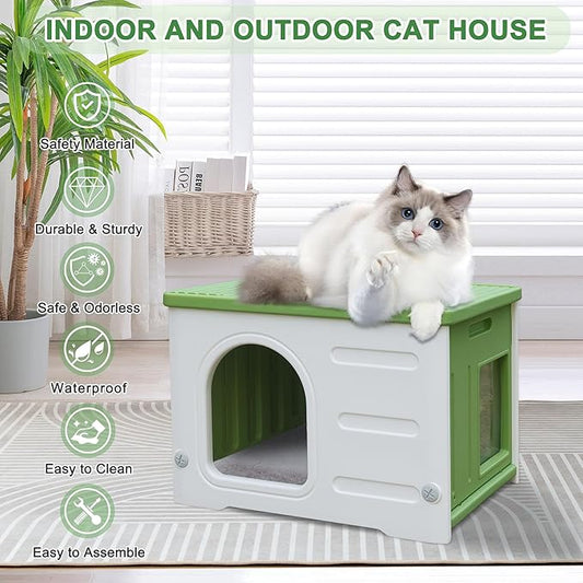 Plastic Cat House for Outdoor Indoor Use, Feral Cat Shelter Indoor Stackable Cat House Insulated Weatherproof Waterproof with Mat-Green