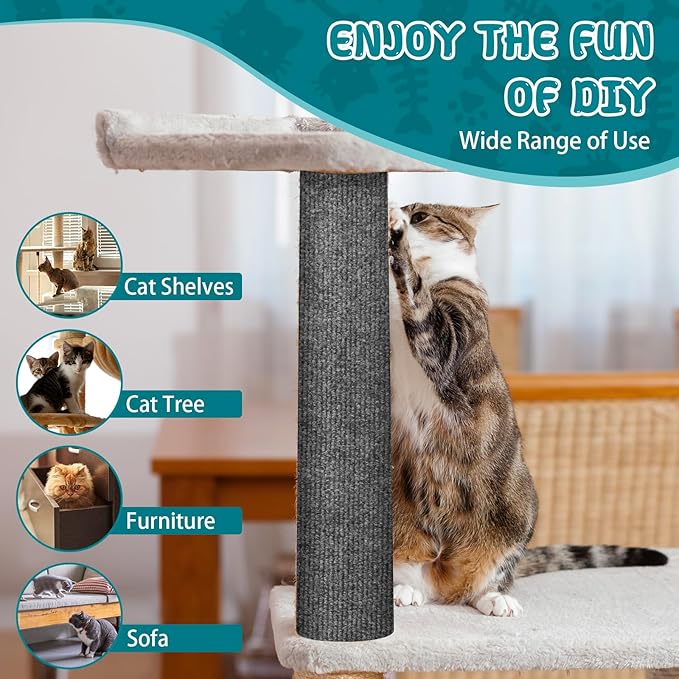 Climbing Cat Scratcher Mat Trimmable Cat Scratching Post Carpet 157.4’’x15.8’’ Self Adhesive Carpet Mat Pad Replacement for Cat Tree Shelves Post Couch Wall Furniture Steps DIY Protector (Dark Gray)