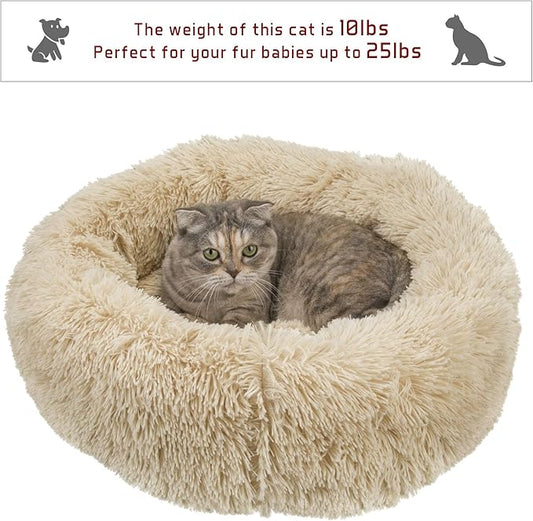 Calming Cat Bed - Anti Anxiety Round Fluffy Plush Faux Fur, Washable 23 inches Small Dog & Cat Bed