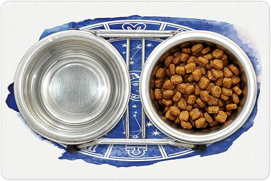 Lunarable Sun and Moon Pet Mat for Food and Water, Zodiac Circle Watercolor Backdrop Astrology Divination Fantasy Mystic, Non-Slip Rubber Mat for Dogs and Cats, 18" X 12", Blue White