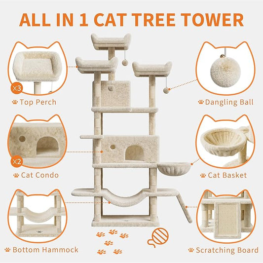 68.5 Inch Multi-Level Cat Tree, Plush Cat Tower with Condo/Sisal Scratching Posts/Hammocks/Basket/Dangling Ball/Platform, Heavy Duty Cats Tree to Play and Sleep, 2604#Beige