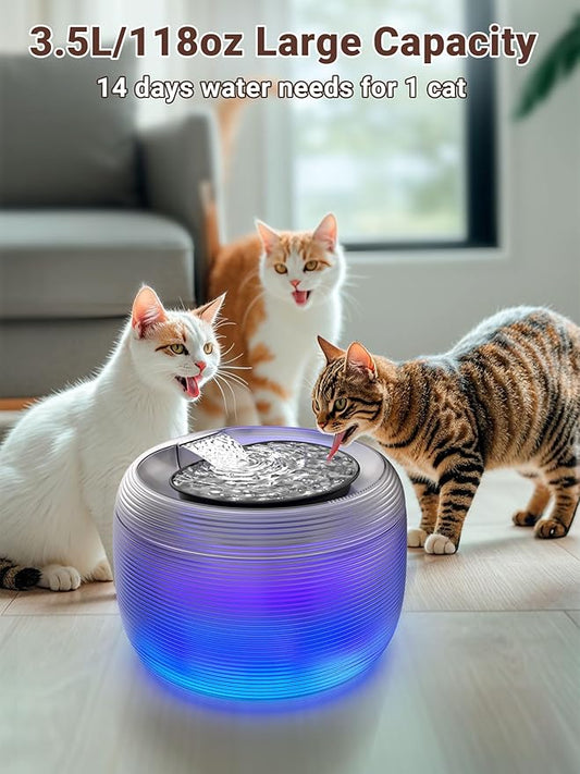 Kastty Quiet Cat Water Fountain, 3.5L/118oz Large Capacity Pet Water Fountain for Cats Indoor with Water Level LED Light, Easy Cleaning Cat Fountains for Drinking Automatic Dog Water Fountain FS75