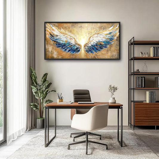 Extra Large Angel Wings Framed Wall Art for Living Room,Oversized Golden Wings Pictures Wall Decor,Holy Gold Blue Canvas Print Painting Modern Artwork Bedroom Office Bathroom 60L" x 30W"