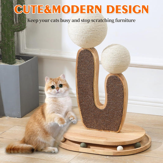 Cactus-Shaped Cat Scratching Post with Cat Scratcher, Interactive Toy Balls, Handmade with Natural Materials, Cute Cat Scratching Post, Easy-to-Clean Cat Furniture