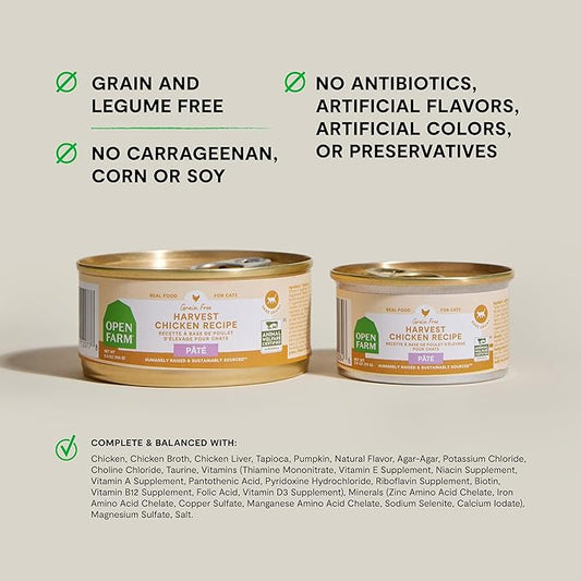 Open Farm Canned Cat Food, Paté for Complete & Balanced Nutrition, Grain-Free and Legume-Free Wet Cat Food, Harvest Chicken Recipe, 2.8oz Cans (Case of 18)