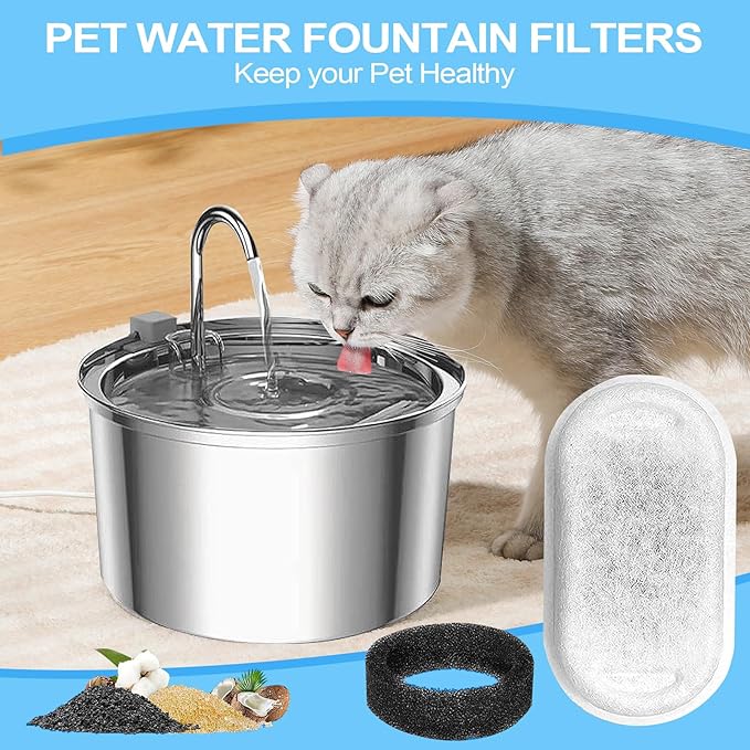 Cat Water Fountain Filter for Stainless Steel 108oz/3.2L& 67oz/2L Automatic Pet Water Dispenser Fountian Replacement Filter with Sponges