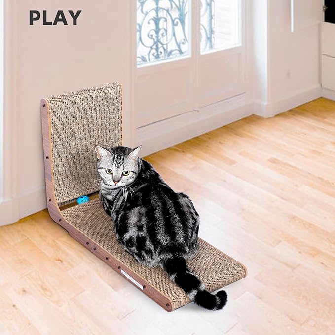 Fluffydream Cat Scratcher with Cat Toys Ball Track, Build-in Ball, L-Shaped Scratcher, Cardboard Lounge Bed, Stable and Durable, Furniture Protector, Reversible