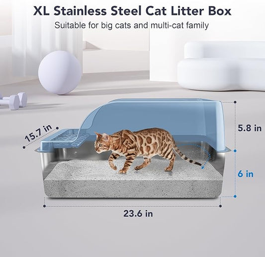 UPSKY Stainless Steel Cat Litter Box with Lid, XL Large Metal Litter Box for Large Breeds, Enclosed Kitty Litter Pan with High Sides, Leak-Proof & Non-Stick, Easy to Clean, Scoop and Mat Included