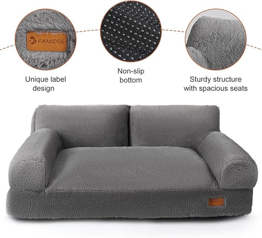 Dog Couch Bed - Cat Bed for Indoor Cats, Calming Pet Sofa Puppy Sleeping Nest with Removable Washable Cover, Cute Dog Puppy Couch and Lounge Chair for 45lbs Cat & Small Medium Dogs(Light Grey)
