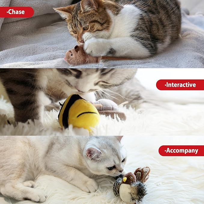 Gigwi Interactive Cat Set - Squeaky Feather Toys for Indoor Cats, 3PCS Plush Pack Including Mouse Hunt, Chase Bird, and Chirping Bee