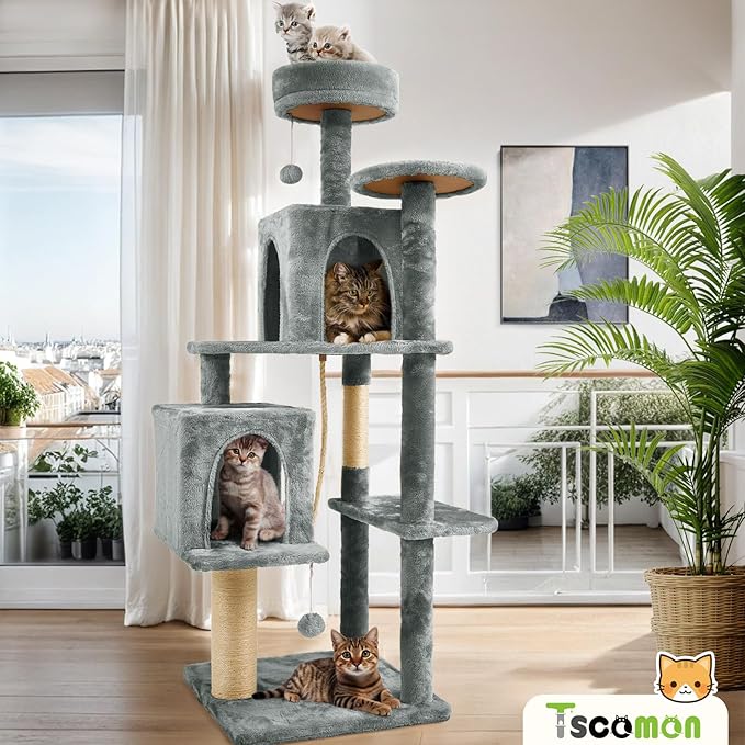 58.5inch Large Cat Tree Tower Condo for Indoor Cats, Soft Plush Multi-Level Climbing Tree Cat House, Scratching Post, More Entrance/Exit, Sisal Rope, Grey