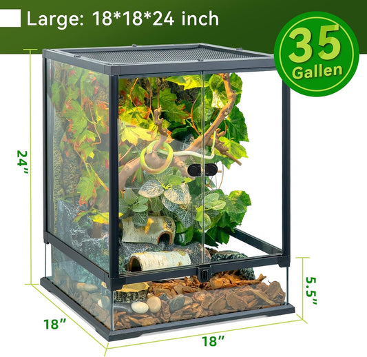 24x18x18'' 35 Gallon Glass Reptile Tank Front Opening Terrarium Suitable for Leopard Geckos, Snakes, Tree Frogs, Chameleons,Watertight Base, Ventilated Metal Mesh Top, Pre-Drilled Cable Holes