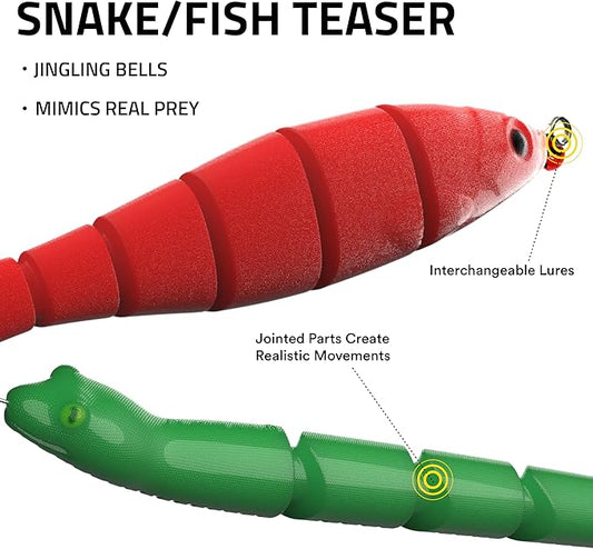 Playology Cat Toy Snake and Fish Teaser | Interactive Toy with Jingle Bells and Interchangeable Lures That Supports Active Play | Perfect for Active Indoor Cats