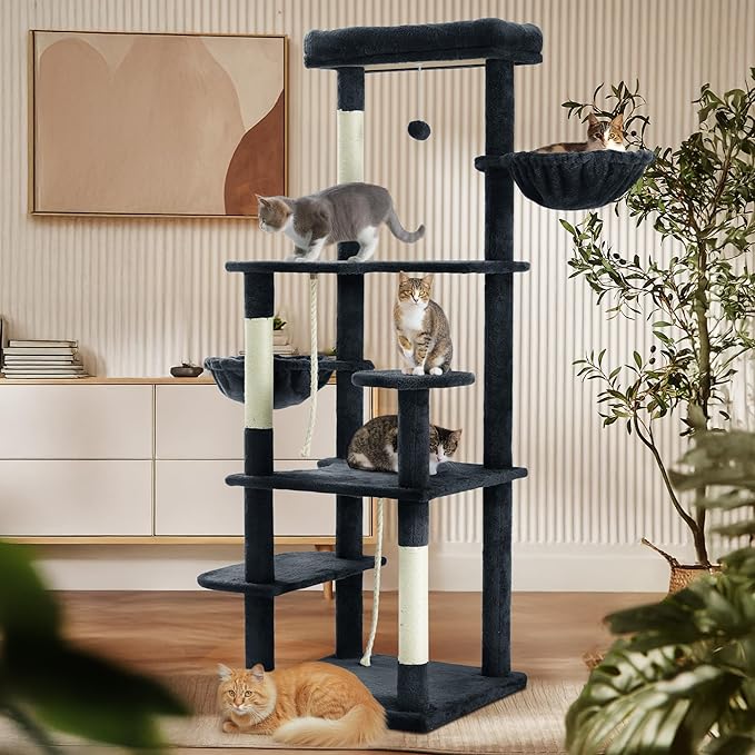 59 Inch Cat Tree Tower, Multi-Level Large Cat Tree for Indoor with Super Large Bed, Hammocks, Scratching Posts, Dangling Ball, Cat Furniture, Activity Center