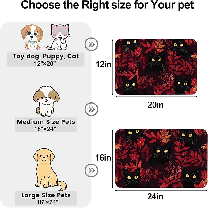 Black Cat Forest Pet Feeding Mat-Quick Dry Absorbent Dog Cat Food Mat, Anti-Slip Water Bowl Mats for Messy Eaters-No Stains Indoor Pet Accessories 12"x20"