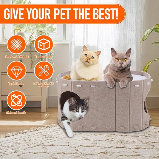 Cat House for Indoor Cats, Double Layer Cat Bed Cave, Large Space Cat Enclosed Bed for Home, Easy Assembly (Khaki, Large)