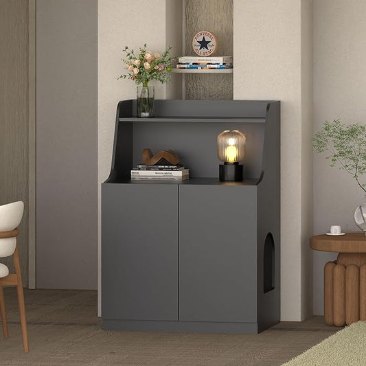 Large/Tall Litter Box Enclosure, Modern Wooden Litter Box Furniture for XL Litterbox with Open Shelf as Sideboard Cabinet (Black)