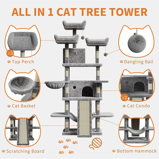 68.5 Inch Multi-Level Cat Tree, Plush Cat Tower with Condo/Sisal Scratching Posts/Hammocks/Basket/Dangling Ball/Platform, Heavy Duty Cats Tree to Play and Sleep, 2601#Light Grey