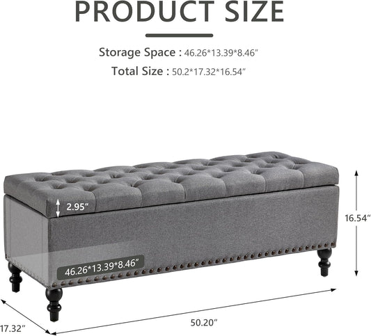 Ottoman with Storage,50.2-inch Upholstered End of Bed Storage Bench for Bedroom,for The Living Room,for Entryway, with Rivets & Button and Safety Hinges,Detachable (Grey)