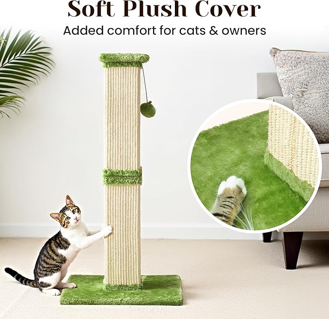 Cat Scratching Post with Hanging Toy Ball, 32-Inch Tall Sisal Cat Scratcher for Indoor Cats, Green