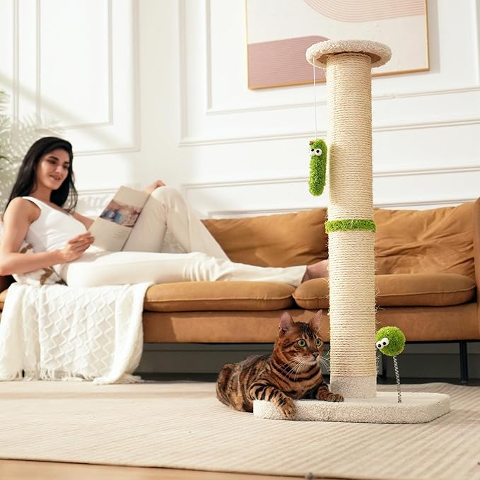 TINYBEAST 34.7" Tall Cat Scratching Post, 3 in 1 Heavy Duty 4.3" Diameter Natural Sisal Post with Hanging Bell Ball, Reinforced Stable Base for Indoor Adult Cats and Kittens(Beige)