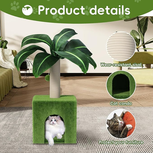 Cat Scratching Post with Condo, Palm Cat Tree Tower Natural Sisal Cat Scratcher Cat Bed Cat Furniture for Kittens and Cats