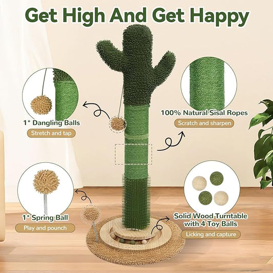 OTOB 36" Tall Cat Cactus Scratching Post, Natural Sisal Rope Cat Scratcher Post, Vertical 6-in-1 Interactive Turntable Cat Scratch Post with Soft Ball Toys, Protect Your Furniture (Green/Brown)