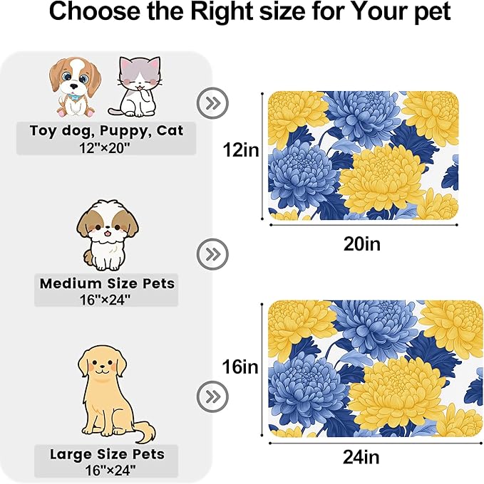 Blue Yellow Flowers Pet Cat Dog Food Mat-Absorbent Quick Dry Feeding Placemat for Water and Food, No Stains Rubber Base Mat for Indoor Use, Pet Accessories 16"x24"