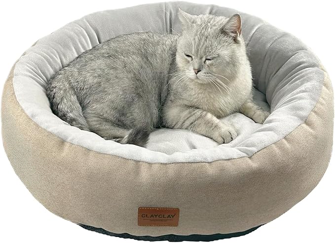 Cozy Round Cat Bed – Soft, Comfortable Cushion for Cats & Kittens – Non-Slip, Machine Washable, Plush Sleep Bed for Cats, Ideal for Resting & Napping (Linen & Medium)