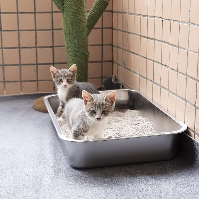 Yangbaga Stainless Steel Litter Box for Cat and Rabbit,Odor Control Litter Pan,Non Stick Easy to Clean,Never Bend,Rust Proof High Sides Non Slip Rubber Feets (4 Inches Deep, 24'' x 16'' x 4'')