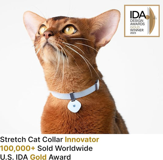 Safety Cat Collar Pro and Tag Set - U.S. IDA Gold Award, Elastic Release Cat Collar Charm Tag, Non Breakaway Cat Collar Adjustable with Charm for Kitten Small Large Cats (Glacier Silver, S)