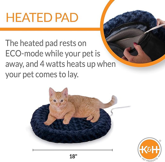 K&H Pet Products Bolster Heated Cat Bed for Indoor Cats, Thermo-Kitty Fashion Splash Orthopedic Foam Heated Pet Bed for Cats or Dogs, Waterproof Pet Heater, Safety Listed Small 18in Round Blue