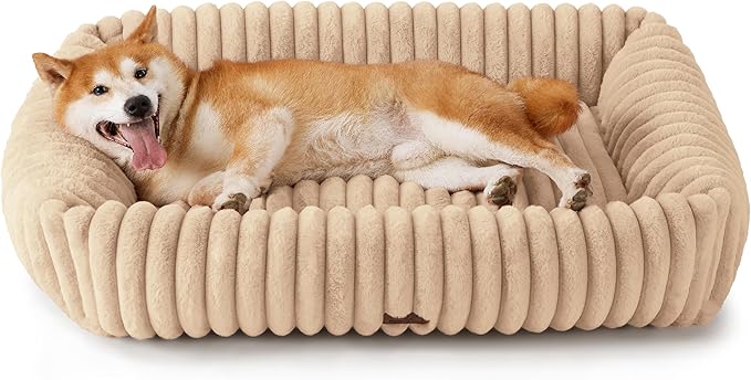 Bedsure Cute Dog Beds Large Sized Dog - Washable Furry Pet Beds, Rectangle Orthopedic Corduroy Fleece Puppy Beds with Removable Zipper Cover, 36x27x8inches,Sandy Tan