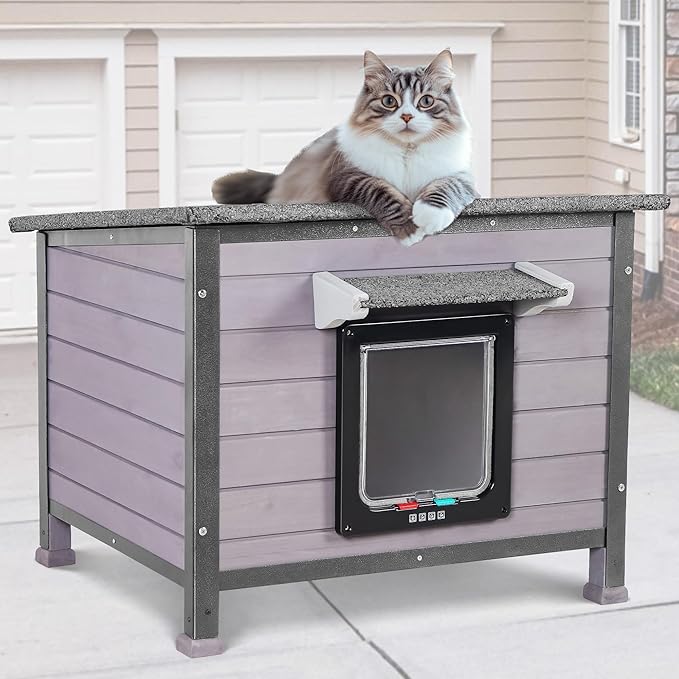 Outdoor Cat House Rainproof All Round Metal Frame Wooden Condos, Indoor and Outdoor Use for Rabbit,Small Animal Feral Cat Shelter