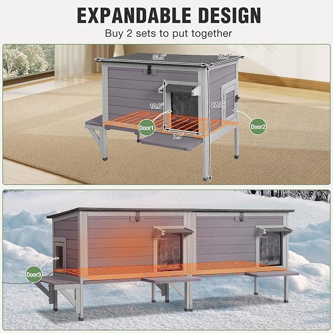 Insulated Heated Cat House for Winter, Outdoor Feral Cat Shelter with Weatherproof Design and Heated Liner