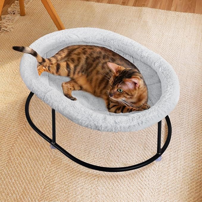 Elevated Cat Hammock Bed, Fluffy Warm Cuddle Bed with Detachable Pad, Raised Cuddler for Kittens, Small Dogs, Oval Grey