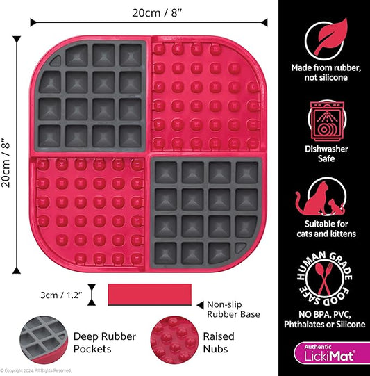 LickiMat Slomo, Cat Slow Feeder Lick Mat, Boredom Anxiety Reducer; Perfect for Food, Treats, Yogurt, or Peanut Butter. Fun Alternative to a Slow Feed Cat Bowl or Dish, Red