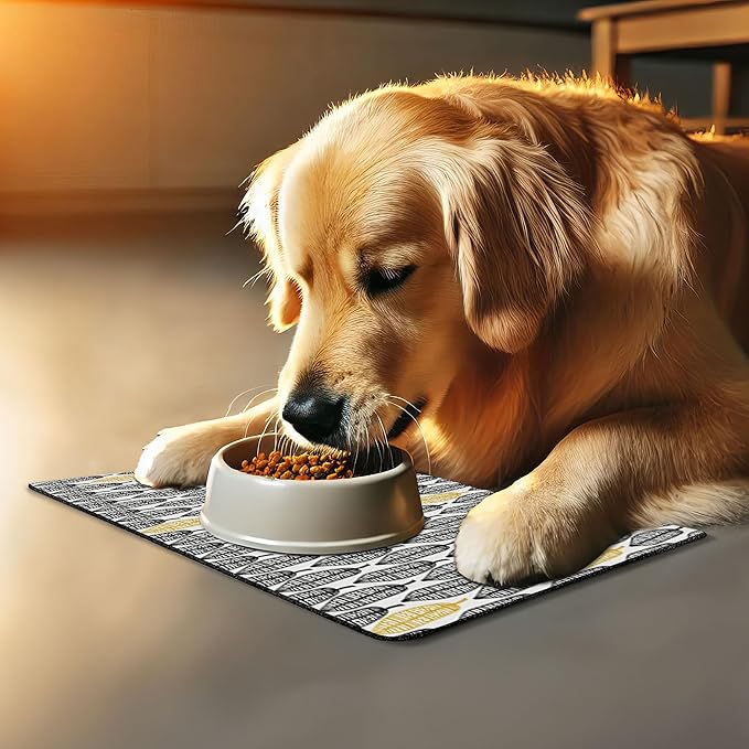 Lunarable Aztec Pet Mat for Food and Water, Modern Graphic of Ornate Hand Drawn Style Old Feather Form with Aztec Lines Print, Non-Slip Rubber Mat for Dogs and Cats, 18" X 12", Charcoal Yellow