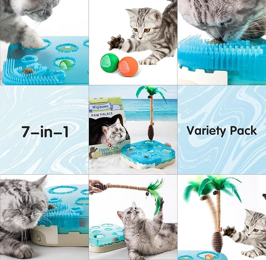Migipaws 7-in-1 Interactive Cat Toy Motion Activated Indoor Playset with Automatic Pop Bounce Cat Ball, Feather Palm Tree Wand, Catnip Ball & Self-Grooming Cardboard House Rechargeable