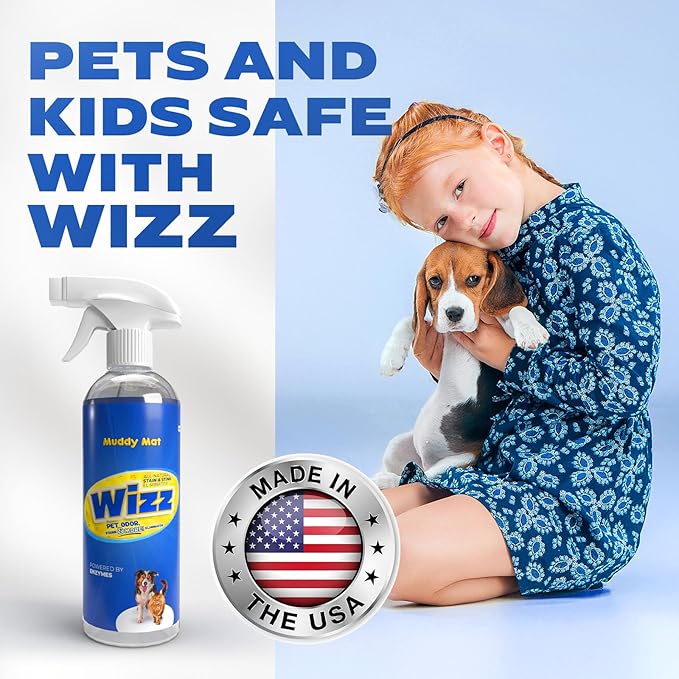 Muddy Mat® Wizz Stain & Odor Remover for strong odor of Cat & Dog Pee Cleaner, Pet urine odor eliminator, Remove strain and Odor from carpets, fabric, clothing, furniture & Pets - 24oz Spray