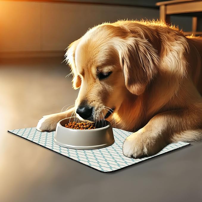 Lunarable Ikat Pet Mat for Food and Water, Mesh Patterns and Lines on Vintage Backdrop Retro Ikat Style Boho Print, Non-Slip Rubber Mat for Dogs and Cats, 18" X 12", Turquoise Cream