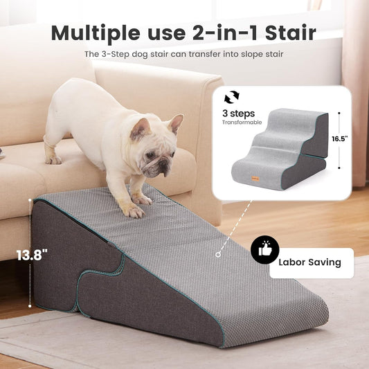 Gardner Pet Dog Stairs for Small Dogs 16.5" H, 2 in 1 Transformable 3-Step Pet Stairs and ramp, Dog Steps for Couch (13-20 in) with Durable Non-Slip Waterproof Cover and CertiPUR-US Certified Foam