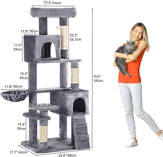 YITAHOME 70.8-Inch Tall Cat Tree Indoor: Multi-Level Kitten Tower with Kitty Condos, Top Perches, Scratching Posts & Cozy Basket Pet Play House Light Gray