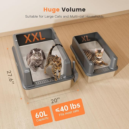 XXL Stainless Steel Cat Litter Box with High Sided, 27.6" L x 20" W x 14" H Extra Large Litter Box for Big Cats and Multiple Cats, Enclosure Cat Litter Pan with Anti-Urine Leakage, Easy Clean