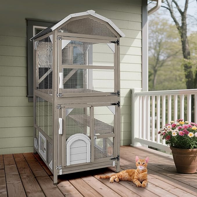 71" Catio Outdoor Cat Enclosures Cat House Waterproof, Indoor Kitty Patio Cage Condo Attachable Window with 3 Platforms Resting Box